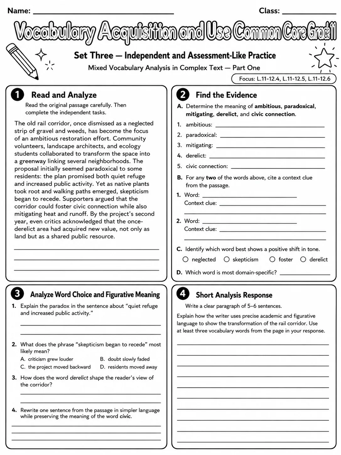 Vocabulary Acquisition and Use Common Core Grade 11 page 7 printable Common Core ELA worksheet preview
