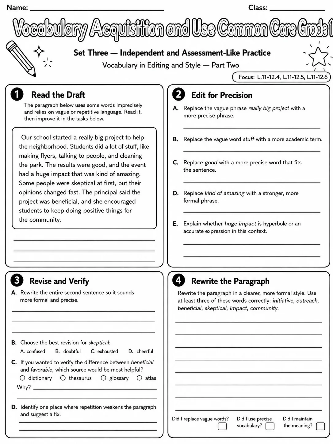 Vocabulary Acquisition and Use Common Core Grade 11 page 8 printable Common Core ELA worksheet preview