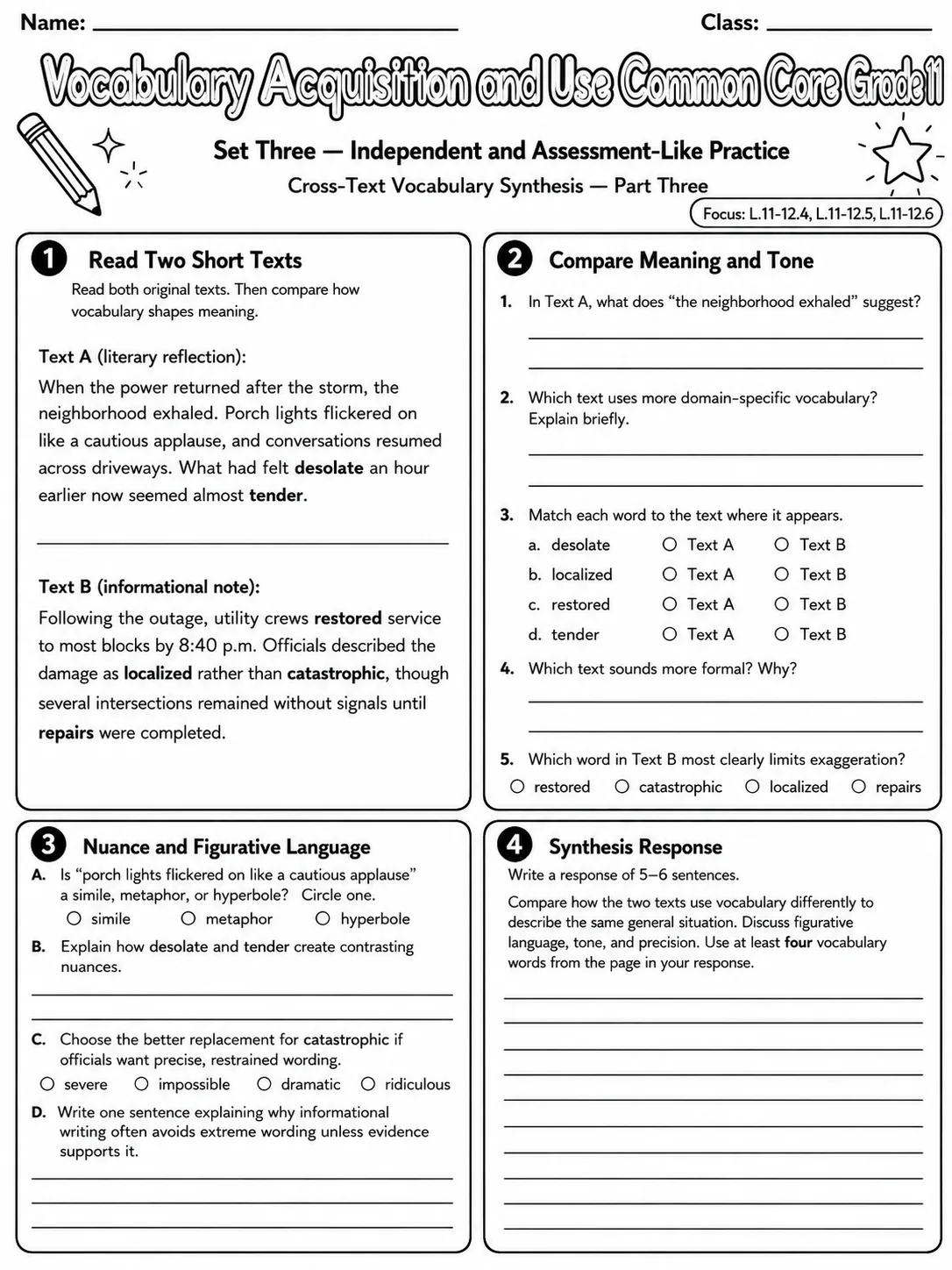 Vocabulary Acquisition and Use Common Core Grade 11 page 9 printable Common Core ELA worksheet preview
