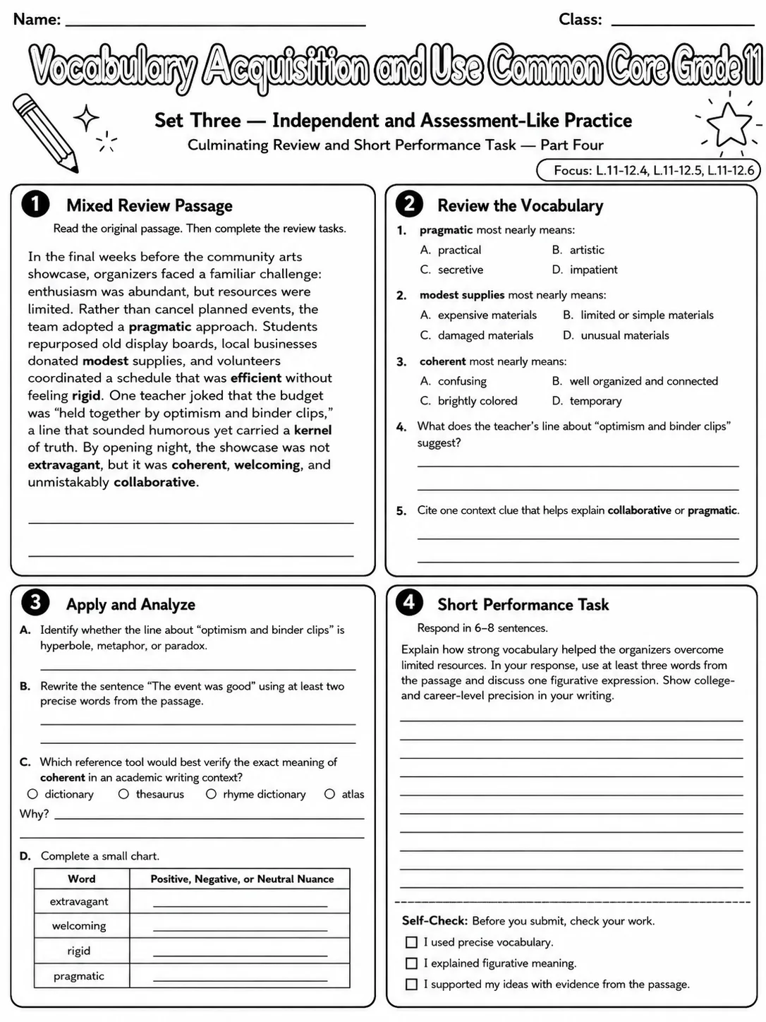 Vocabulary Acquisition and Use Common Core Grade 11 page 10 printable Common Core ELA worksheet preview