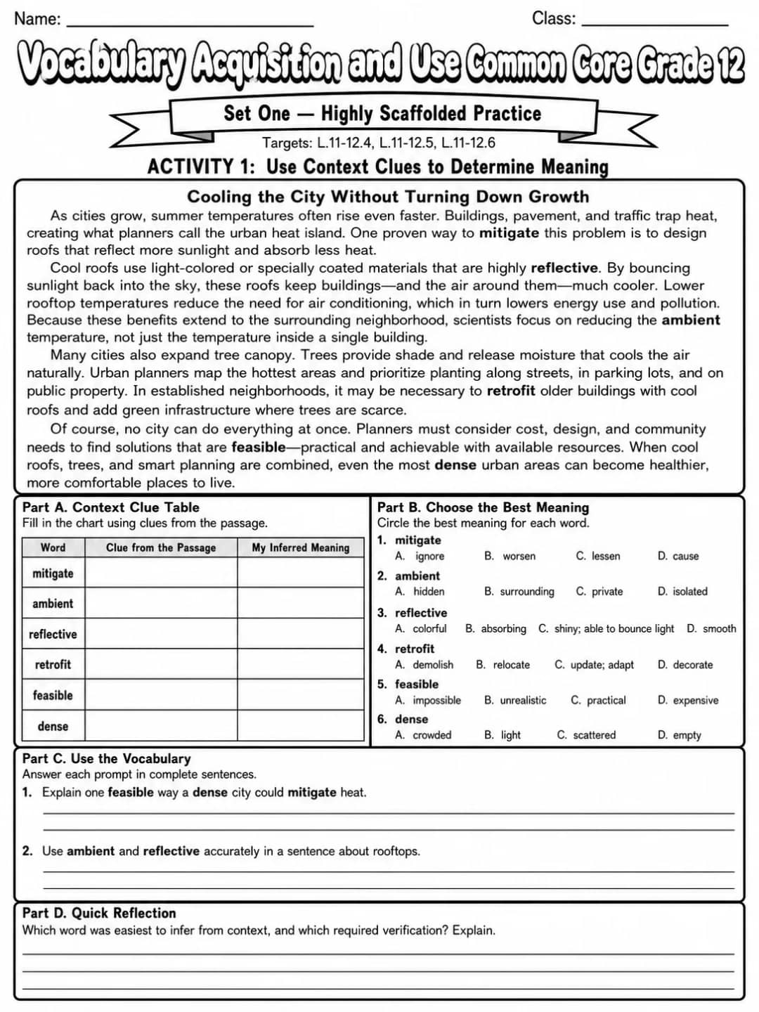 Vocabulary Acquisition and Use Common Core Grade 12 printable Common Core ELA Grade 12 worksheet preview from KiwiBee