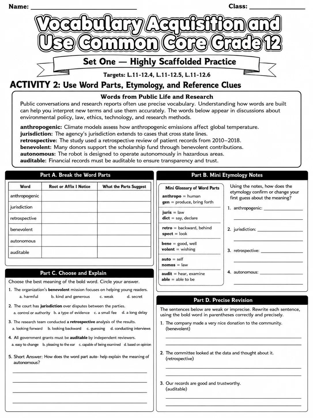 Vocabulary Acquisition and Use Common Core Grade 12 page 2 printable Common Core ELA worksheet preview