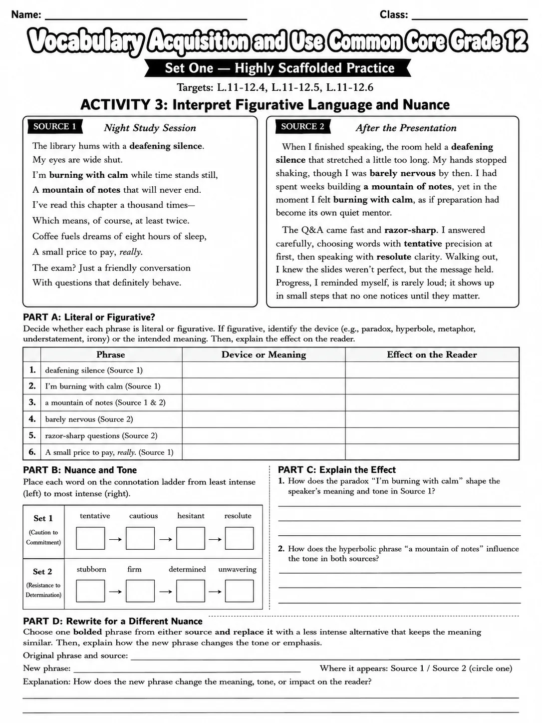 Vocabulary Acquisition and Use Common Core Grade 12 page 3 printable Common Core ELA worksheet preview