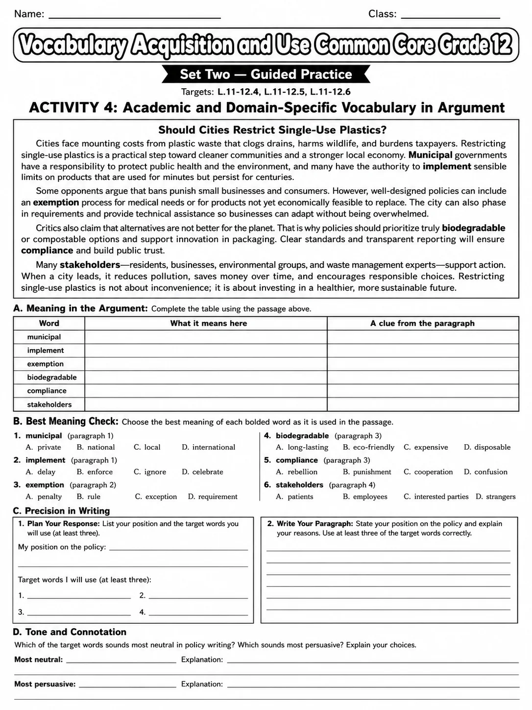 Vocabulary Acquisition and Use Common Core Grade 12 page 4 printable Common Core ELA worksheet preview