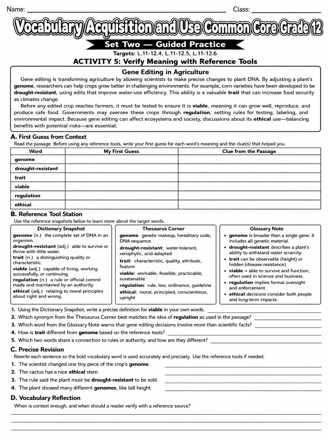 Vocabulary Acquisition and Use Common Core Grade 12 page 5 printable Common Core ELA worksheet preview
