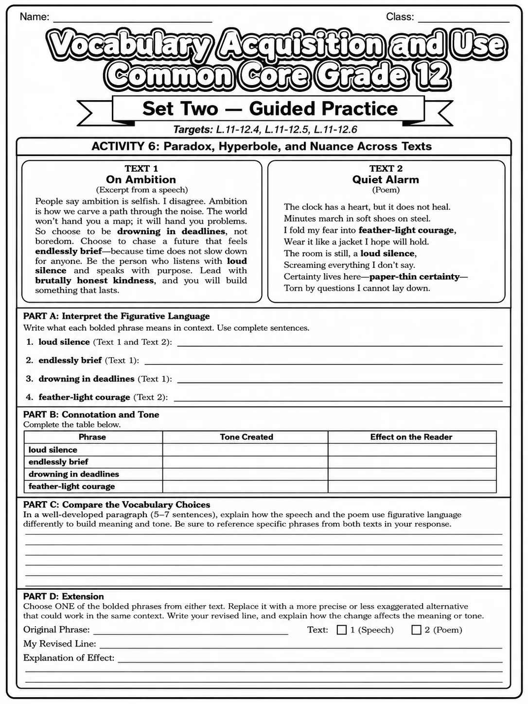 Vocabulary Acquisition and Use Common Core Grade 12 page 6 printable Common Core ELA worksheet preview