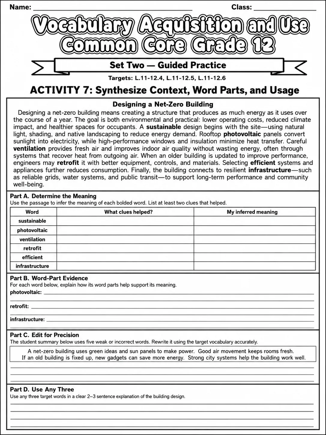 Vocabulary Acquisition and Use Common Core Grade 12 page 7 printable Common Core ELA worksheet preview