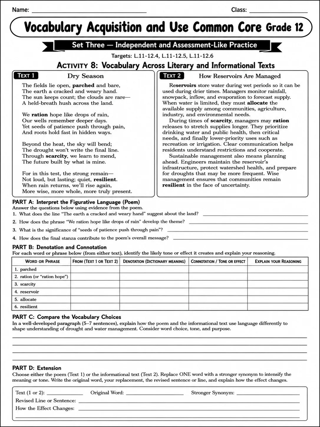 Vocabulary Acquisition and Use Common Core Grade 12 page 8 printable Common Core ELA worksheet preview