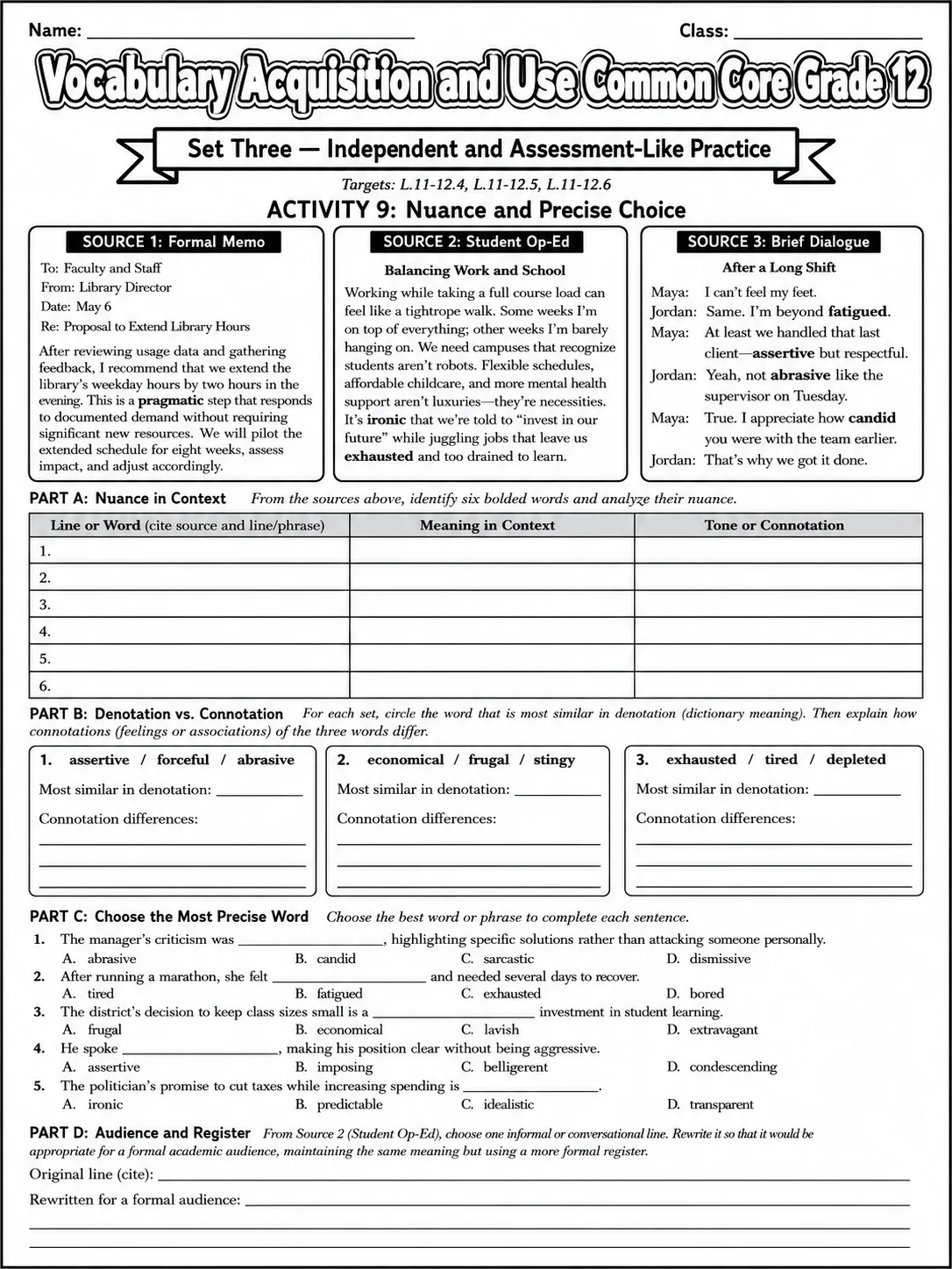 Vocabulary Acquisition and Use Common Core Grade 12 page 9 printable Common Core ELA worksheet preview
