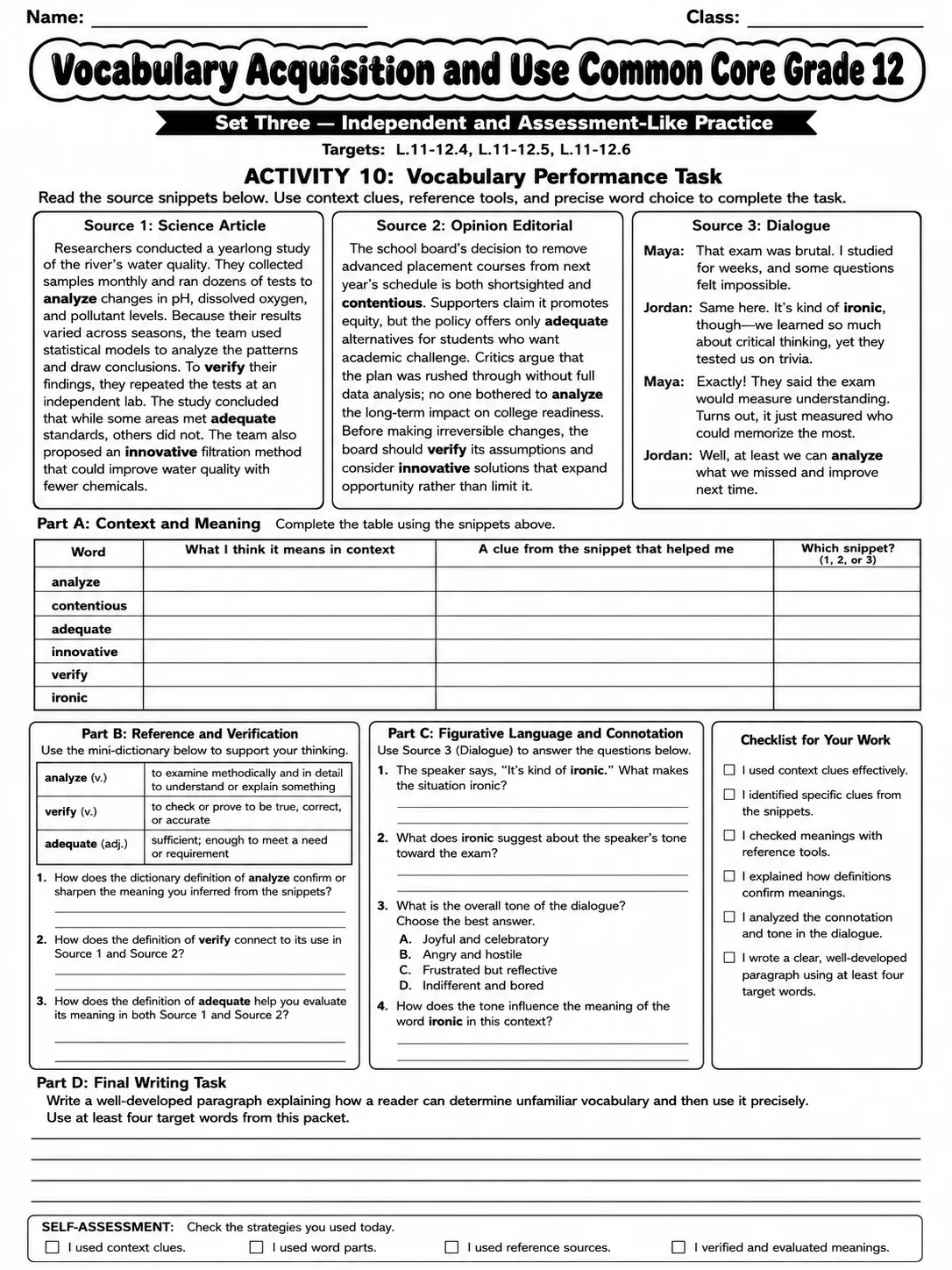 Vocabulary Acquisition and Use Common Core Grade 12 page 10 printable Common Core ELA worksheet preview