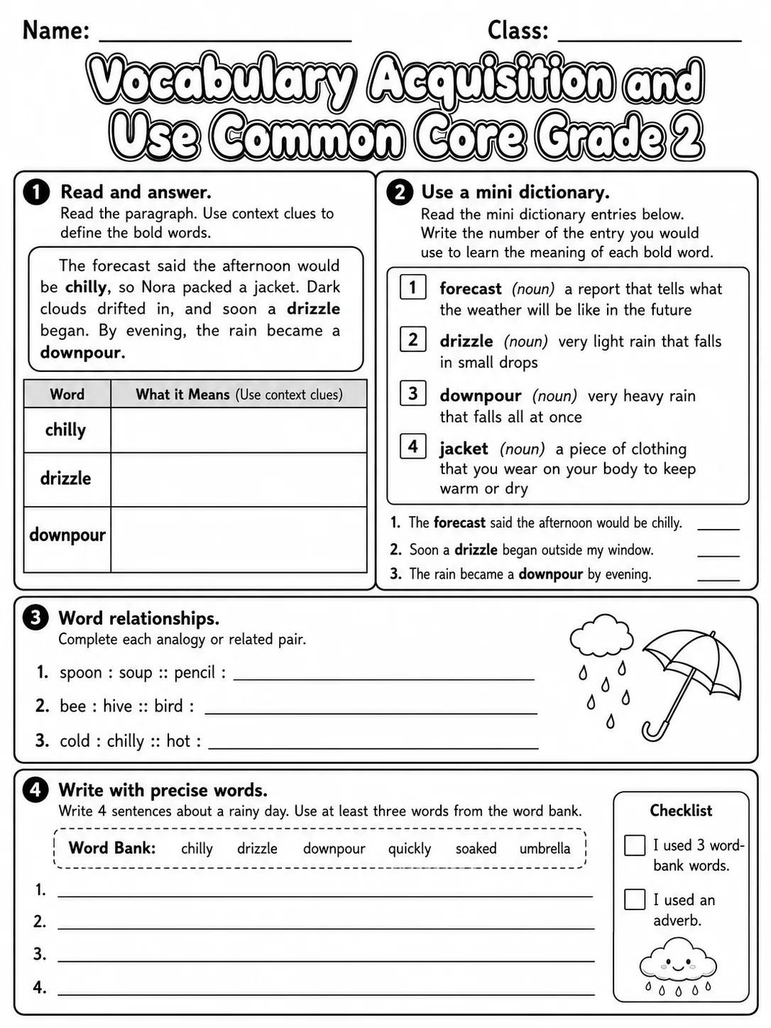 Vocabulary Acquisition and Use Common Core Grade 2 page 9 printable Common Core ELA worksheet preview
