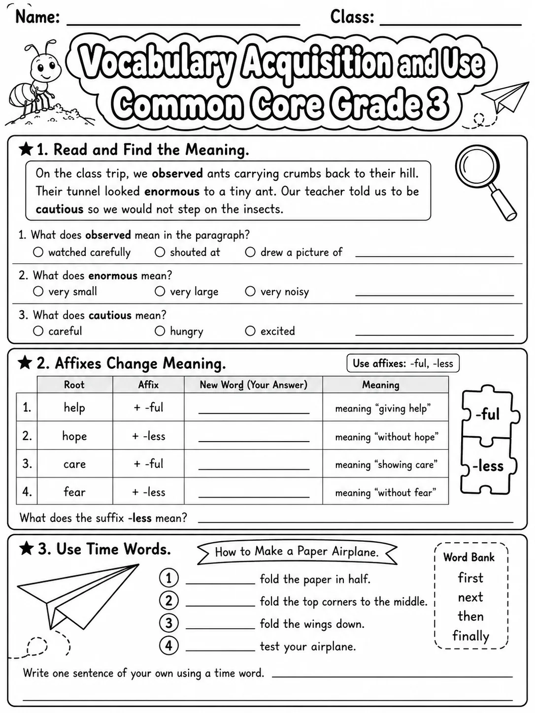 Vocabulary Acquisition and Use Common Core Grade 3 page 2 printable Common Core ELA worksheet preview