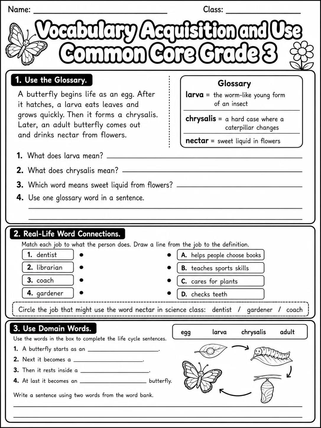 Vocabulary Acquisition and Use Common Core Grade 3 page 3 printable Common Core ELA worksheet preview