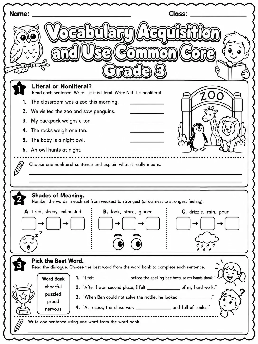Vocabulary Acquisition and Use Common Core Grade 3 page 4 printable Common Core ELA worksheet preview