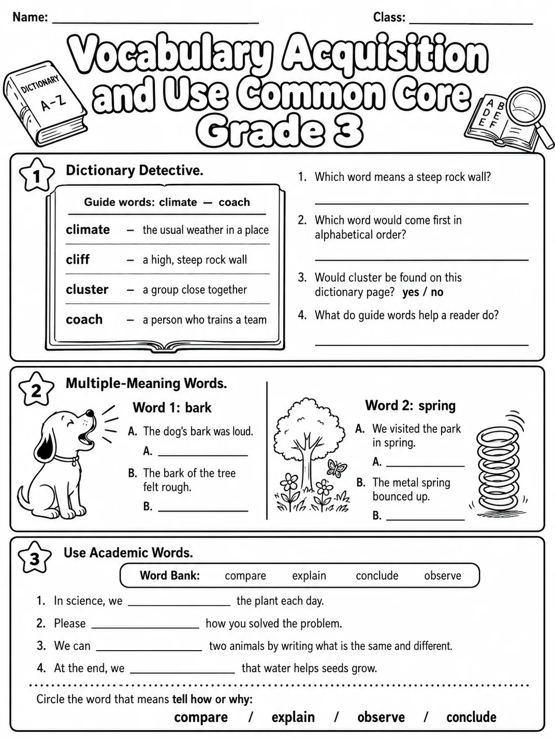 Vocabulary Acquisition and Use Common Core Grade 3 page 5 printable Common Core ELA worksheet preview