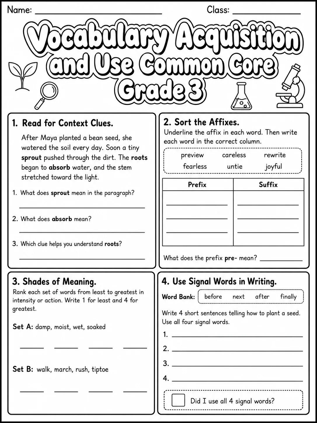 Vocabulary Acquisition and Use Common Core Grade 3 page 6 printable Common Core ELA worksheet preview