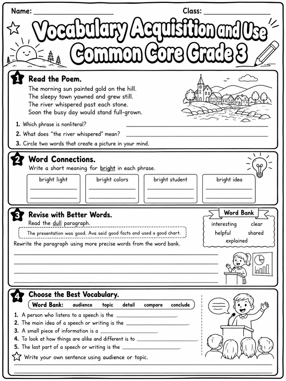 Vocabulary Acquisition and Use Common Core Grade 3 page 7 printable Common Core ELA worksheet preview