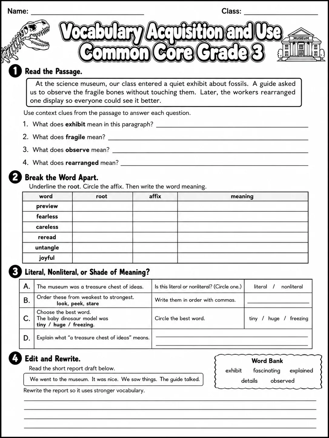 Vocabulary Acquisition and Use Common Core Grade 3 page 9 printable Common Core ELA worksheet preview