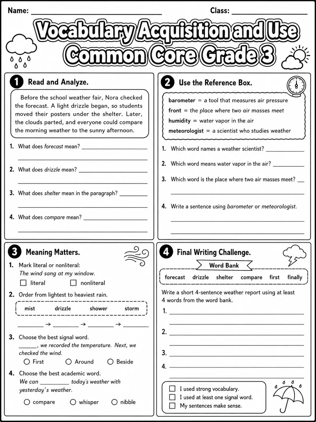 Vocabulary Acquisition and Use Common Core Grade 3 page 10 printable Common Core ELA worksheet preview