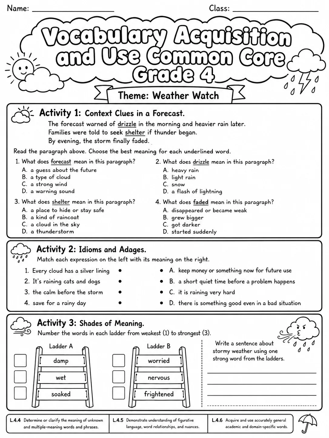 Vocabulary Acquisition and Use Common Core Grade 4 page 3 printable Common Core ELA worksheet preview