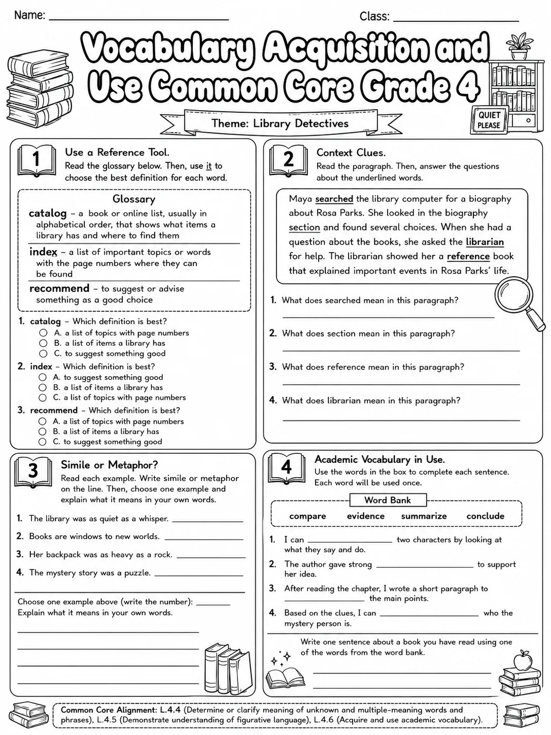 Vocabulary Acquisition and Use Common Core Grade 4 page 4 printable Common Core ELA worksheet preview
