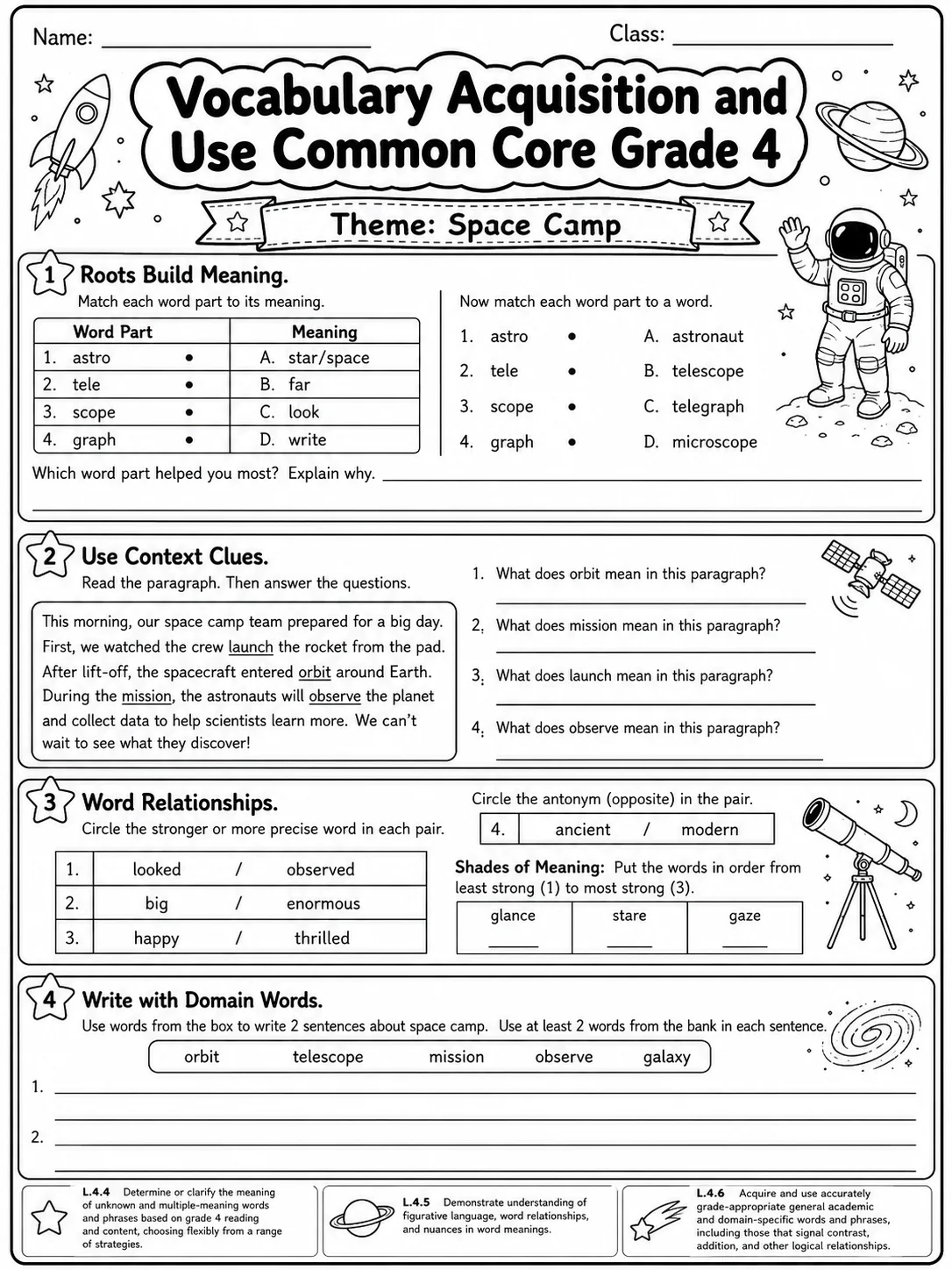 Vocabulary Acquisition and Use Common Core Grade 4 page 5 printable Common Core ELA worksheet preview