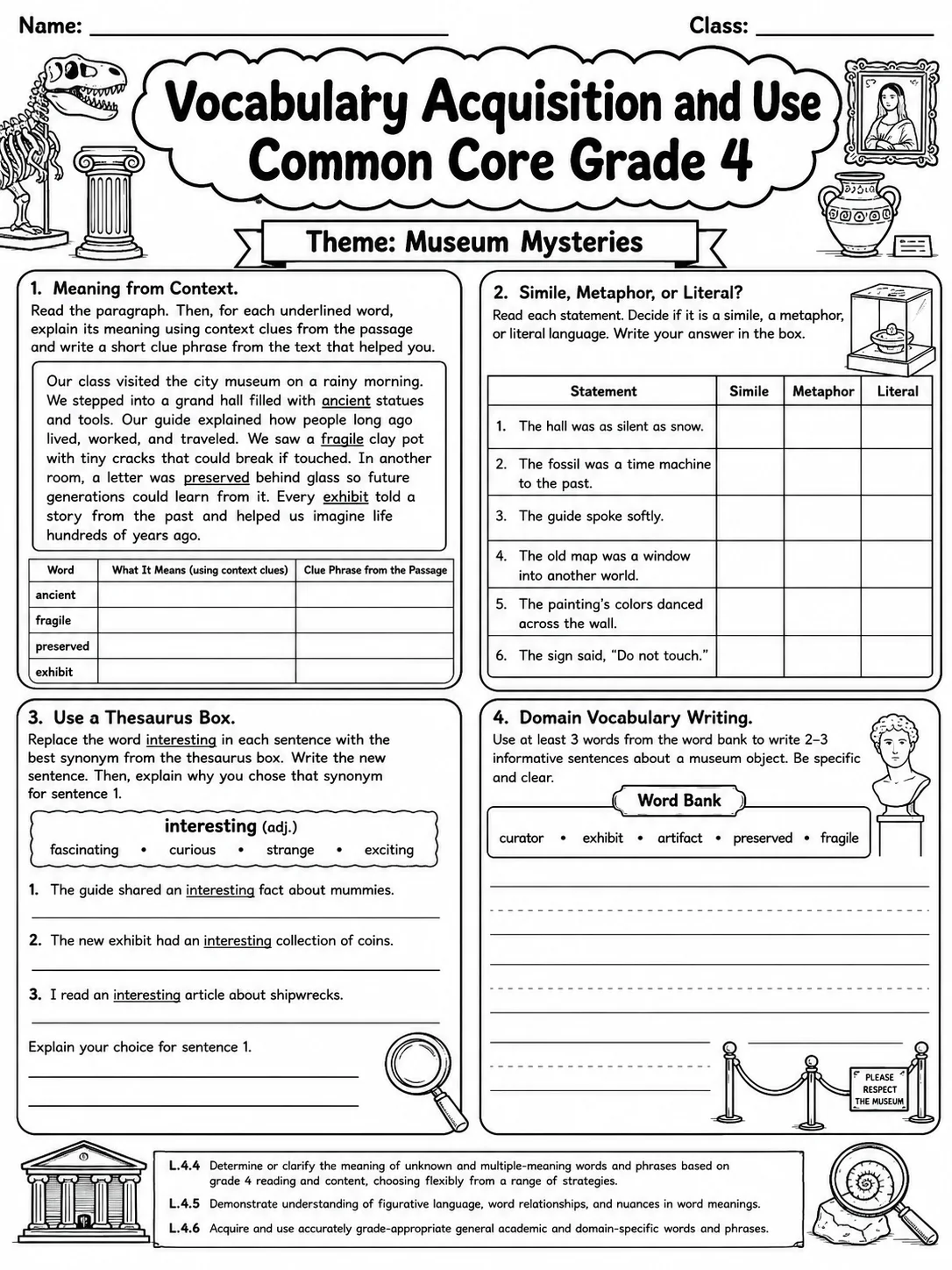 Vocabulary Acquisition and Use Common Core Grade 4 page 7 printable Common Core ELA worksheet preview