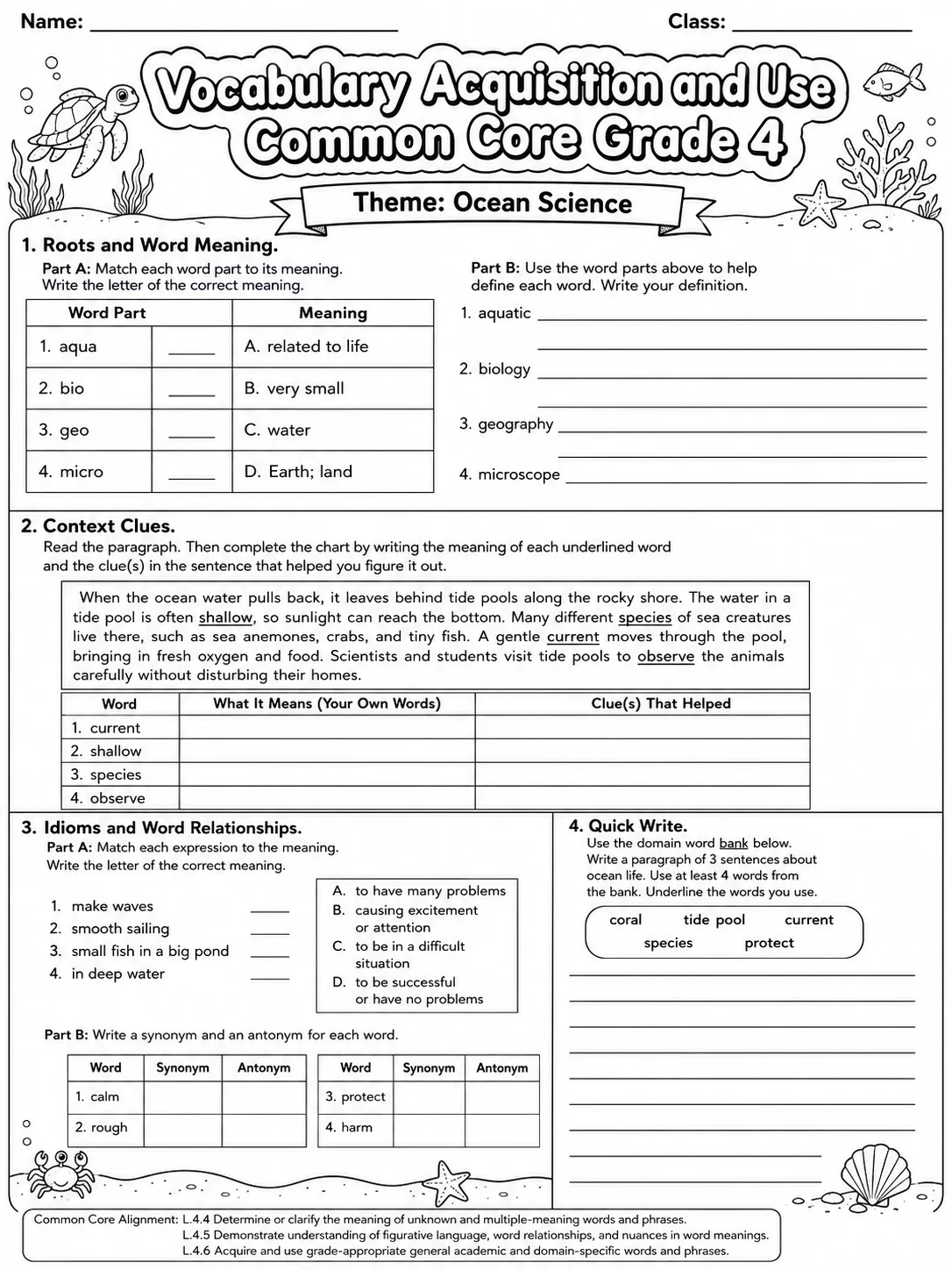 Vocabulary Acquisition and Use Common Core Grade 4 page 8 printable Common Core ELA worksheet preview