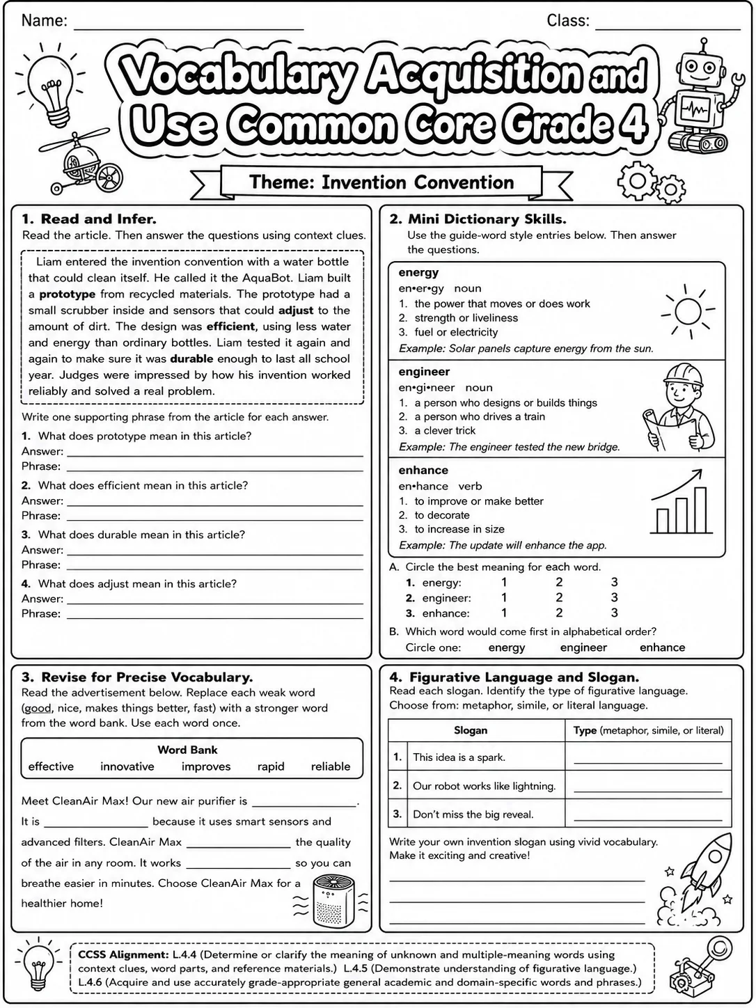 Vocabulary Acquisition and Use Common Core Grade 4 page 9 printable Common Core ELA worksheet preview