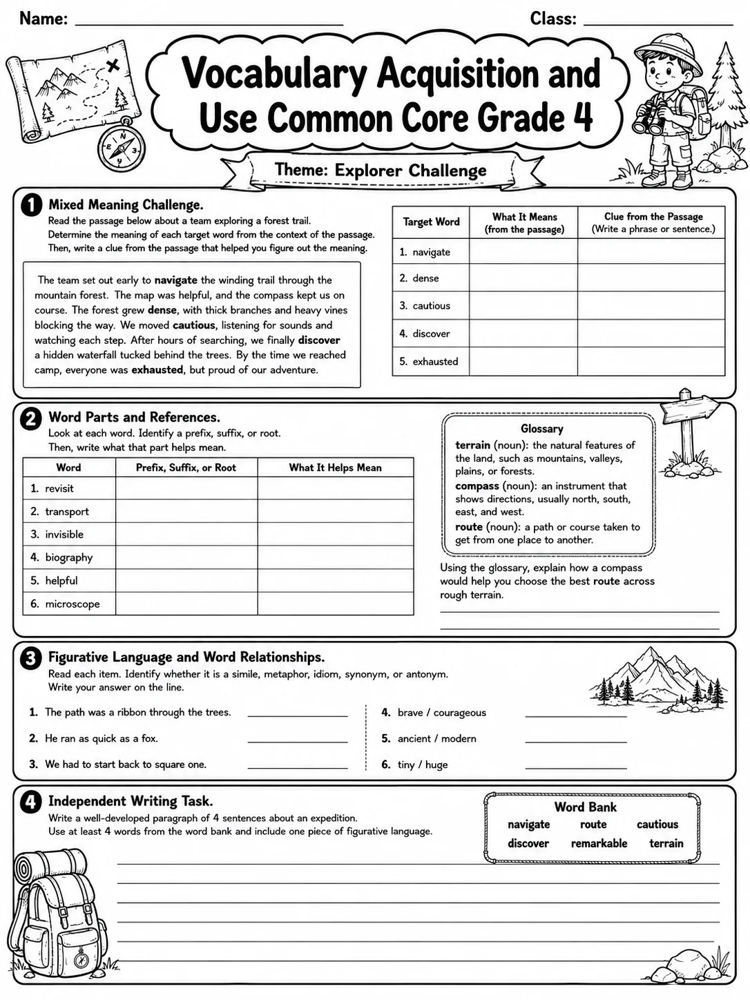 Vocabulary Acquisition and Use Common Core Grade 4 page 10 printable Common Core ELA worksheet preview