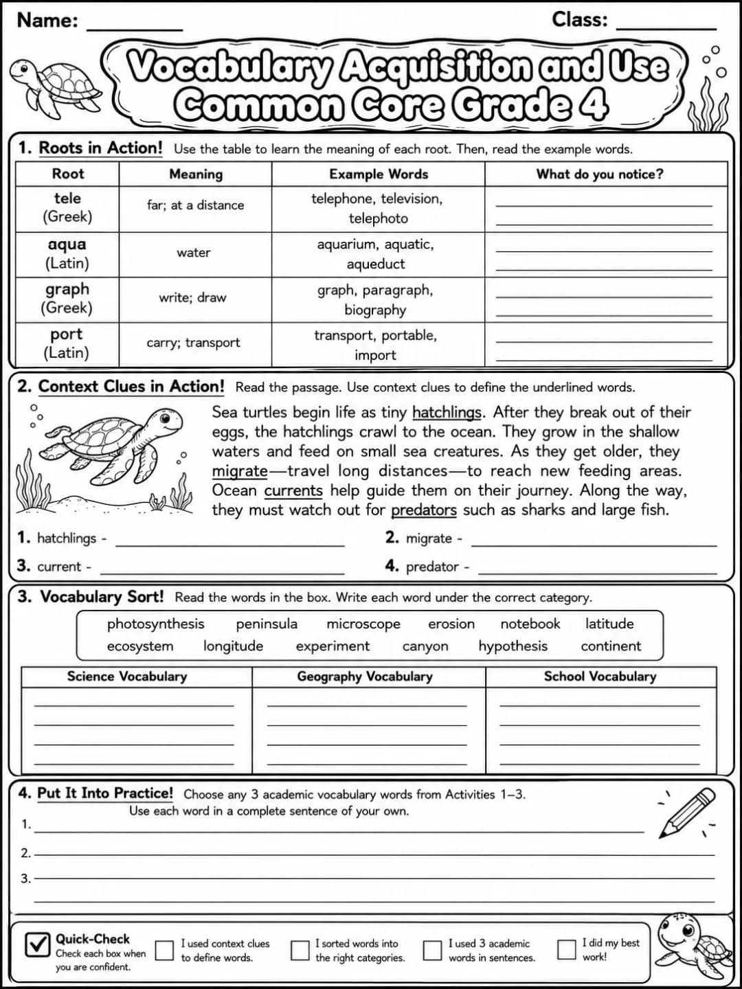 Vocabulary Acquisition and Use Common Core Grade 4 printable Common Core ELA Grade 4 worksheet preview from KiwiBee