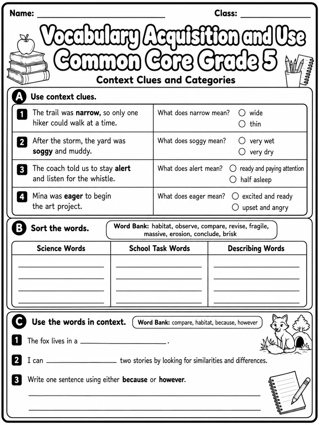 Vocabulary Acquisition and Use Common Core Grade 5 printable Common Core ELA Grade 5 worksheet preview from KiwiBee