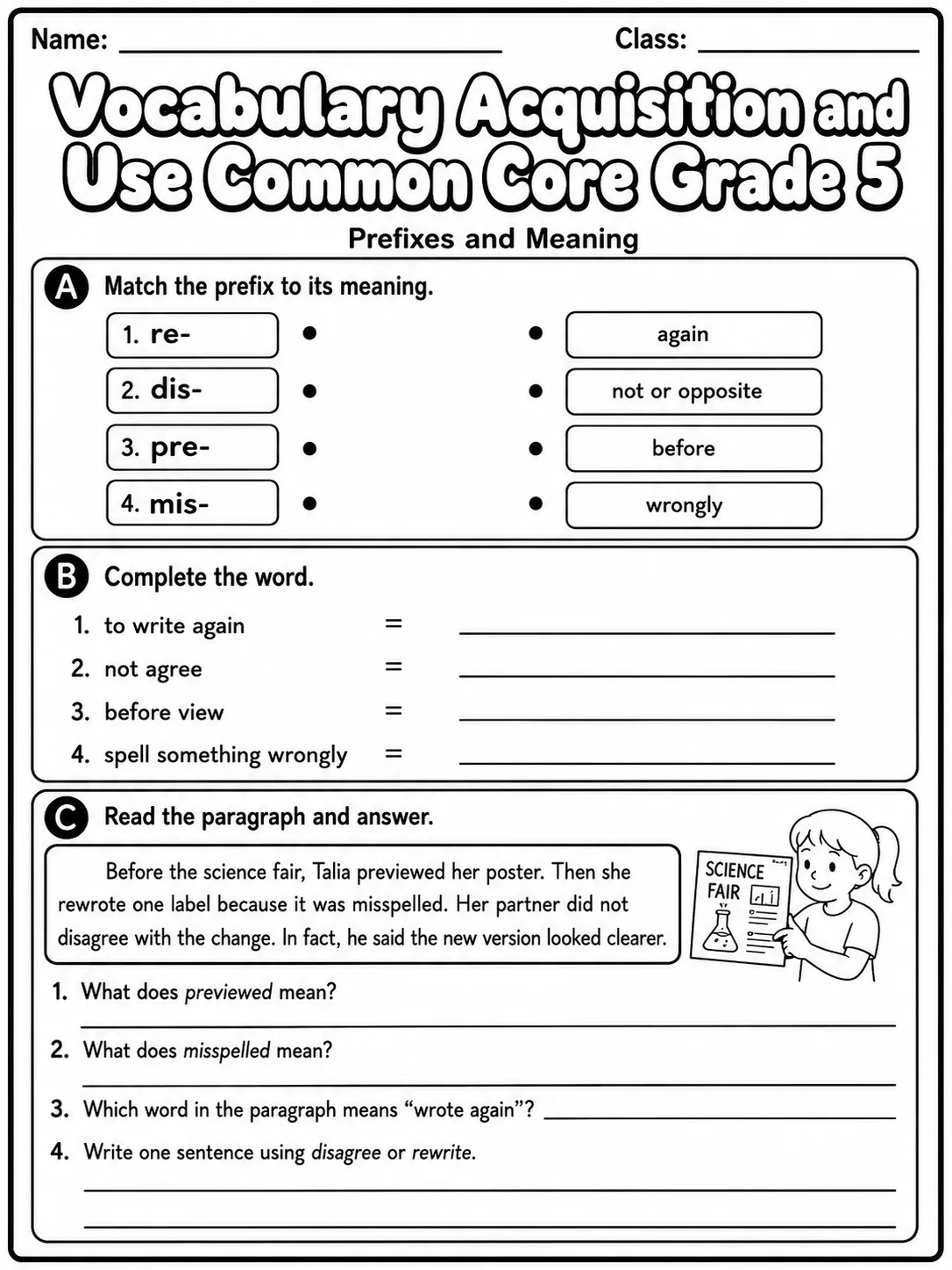 Vocabulary Acquisition and Use Common Core Grade 5 page 2 printable Common Core ELA worksheet preview