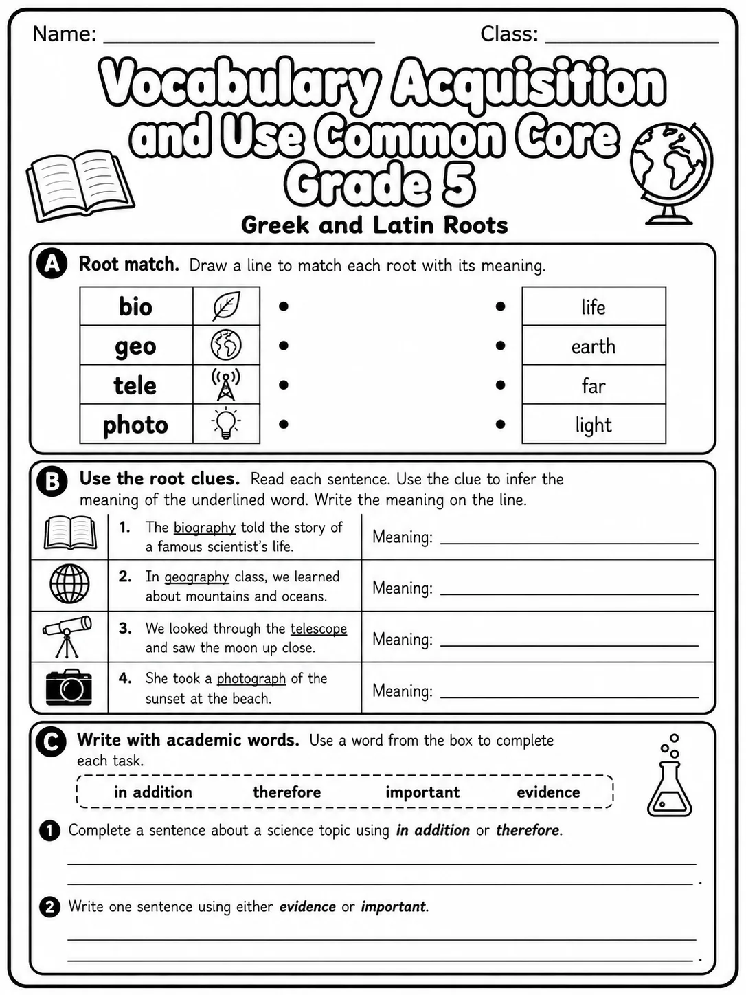 Vocabulary Acquisition and Use Common Core Grade 5 page 3 printable Common Core ELA worksheet preview
