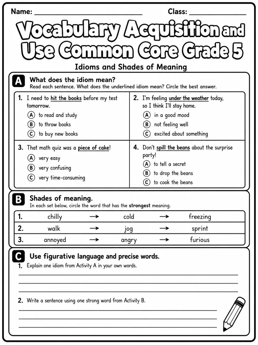 Vocabulary Acquisition and Use Common Core Grade 5 page 4 printable Common Core ELA worksheet preview