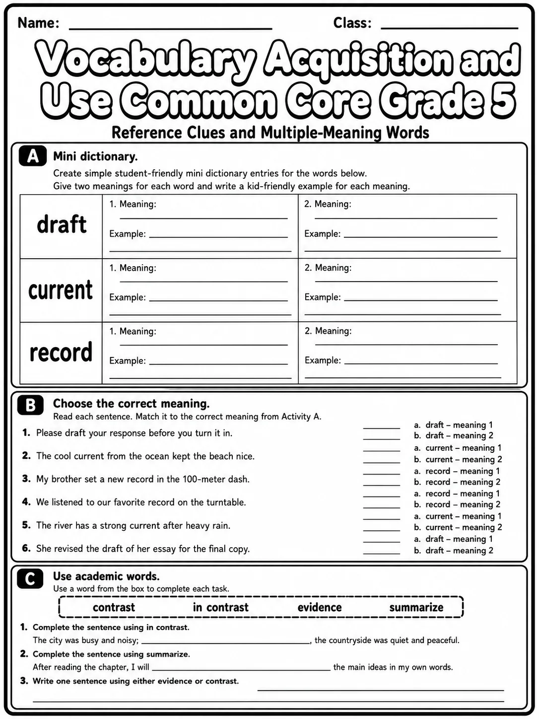 Vocabulary Acquisition and Use Common Core Grade 5 page 5 printable Common Core ELA worksheet preview
