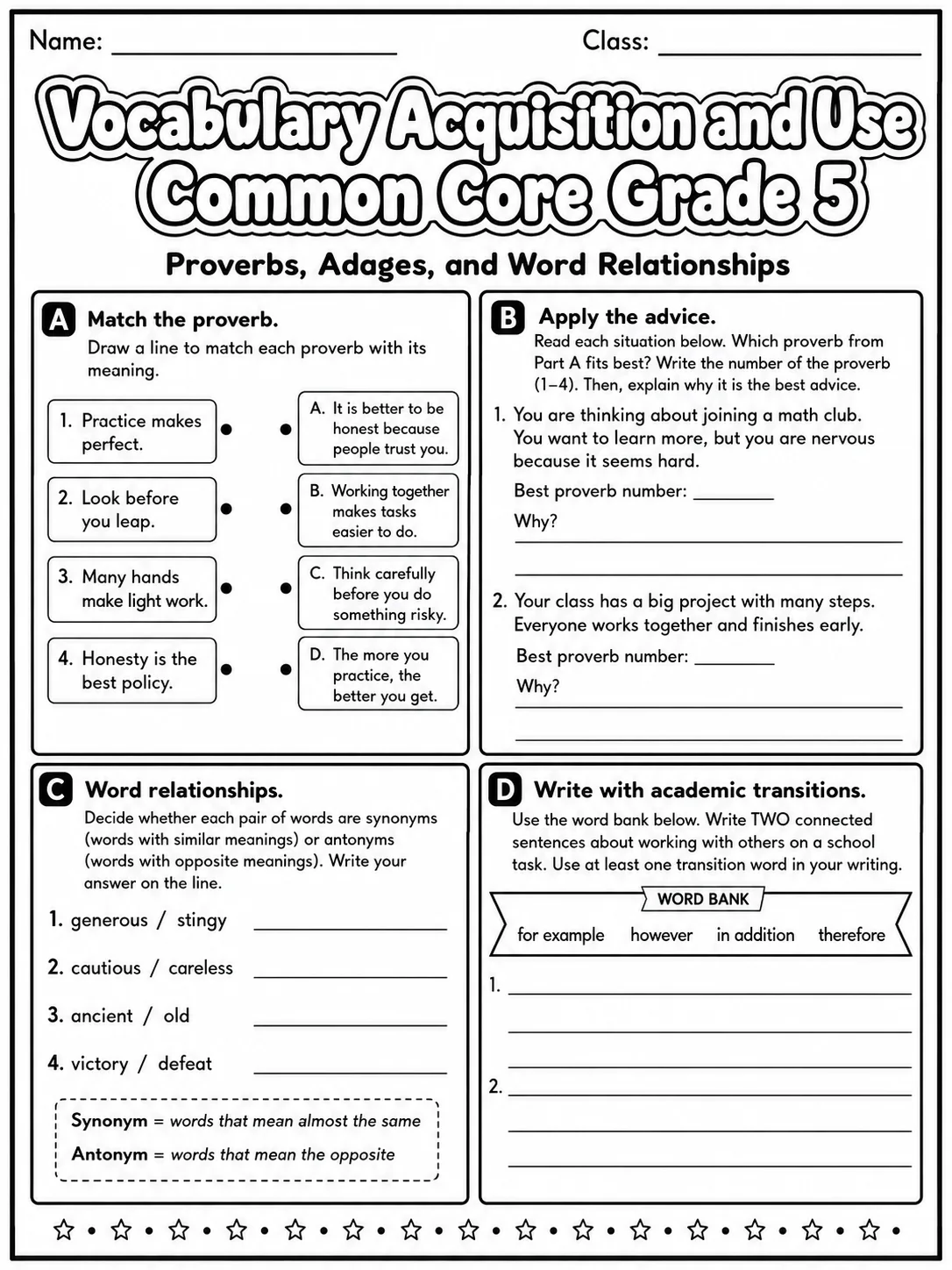 Vocabulary Acquisition and Use Common Core Grade 5 page 7 printable Common Core ELA worksheet preview