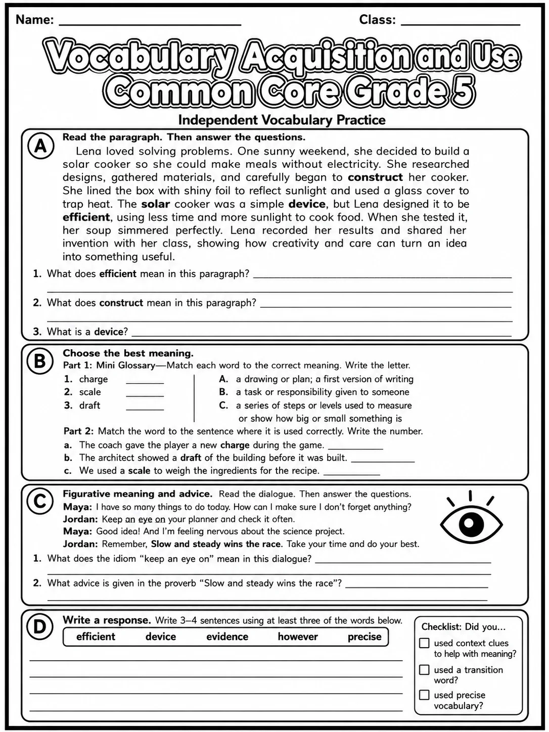 Vocabulary Acquisition and Use Common Core Grade 5 page 9 printable Common Core ELA worksheet preview