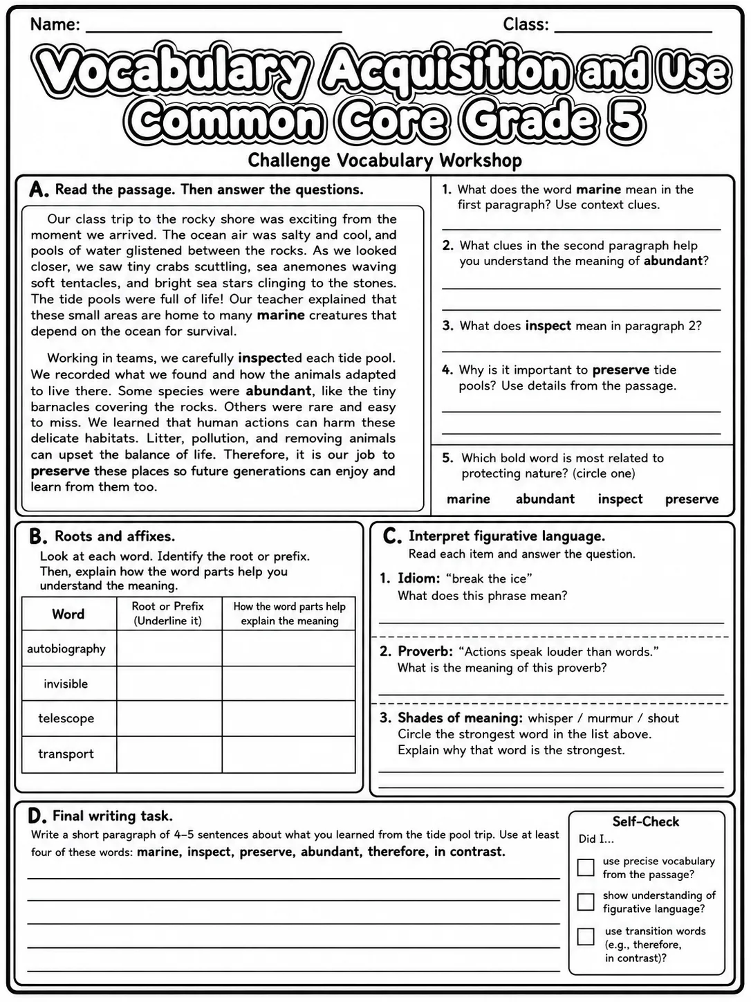 Vocabulary Acquisition and Use Common Core Grade 5 page 10 printable Common Core ELA worksheet preview
