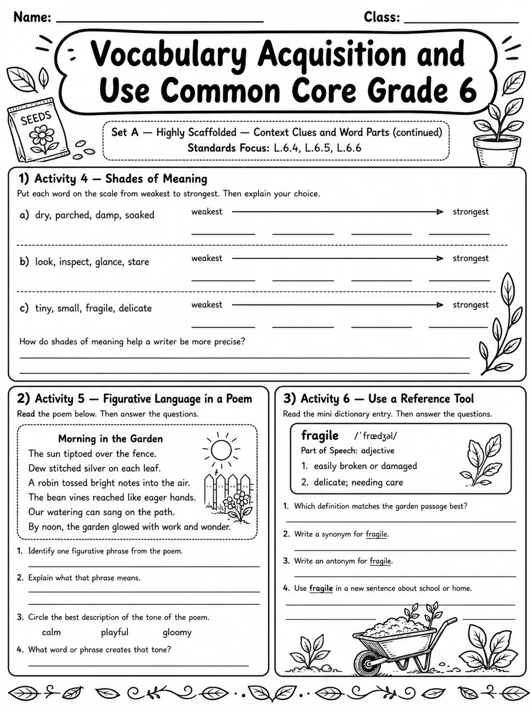 Vocabulary Acquisition and Use Common Core Grade 6 page 2 printable Common Core ELA worksheet preview