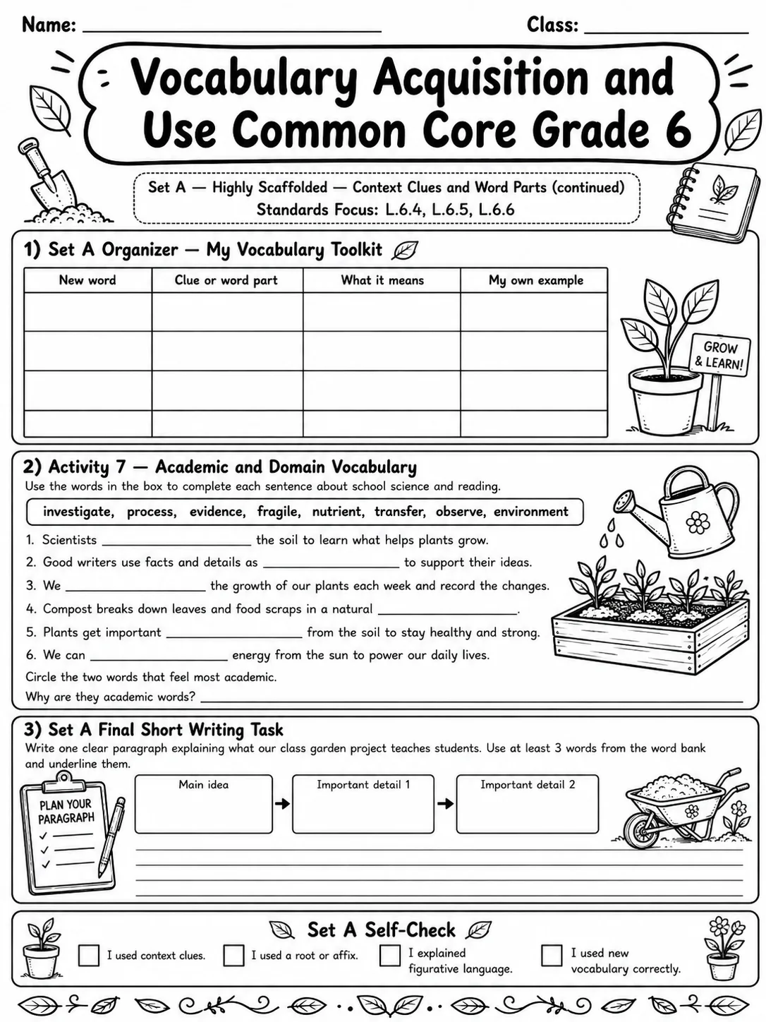 Vocabulary Acquisition and Use Common Core Grade 6 page 3 printable Common Core ELA worksheet preview