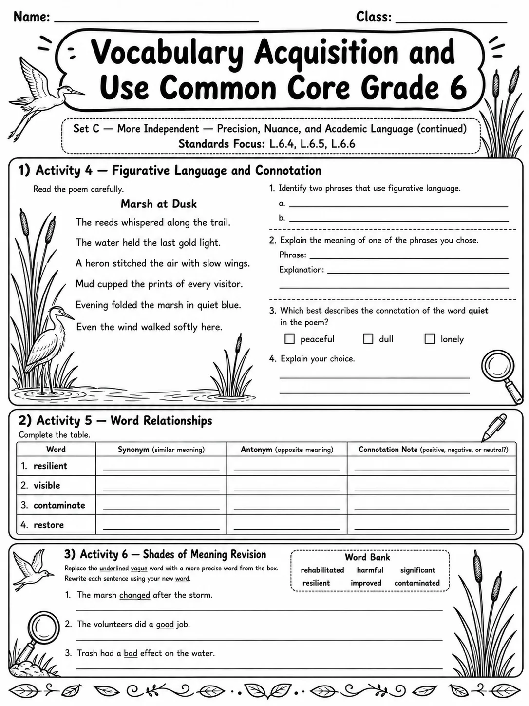 Vocabulary Acquisition and Use Common Core Grade 6 page 8 printable Common Core ELA worksheet preview