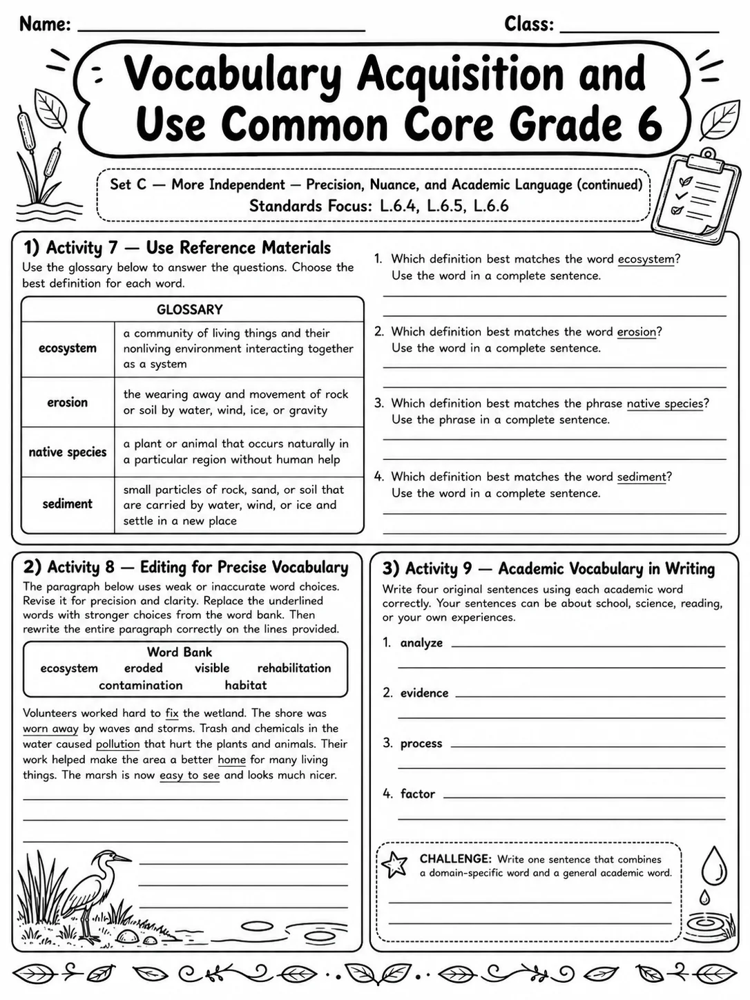 Vocabulary Acquisition and Use Common Core Grade 6 page 9 printable Common Core ELA worksheet preview