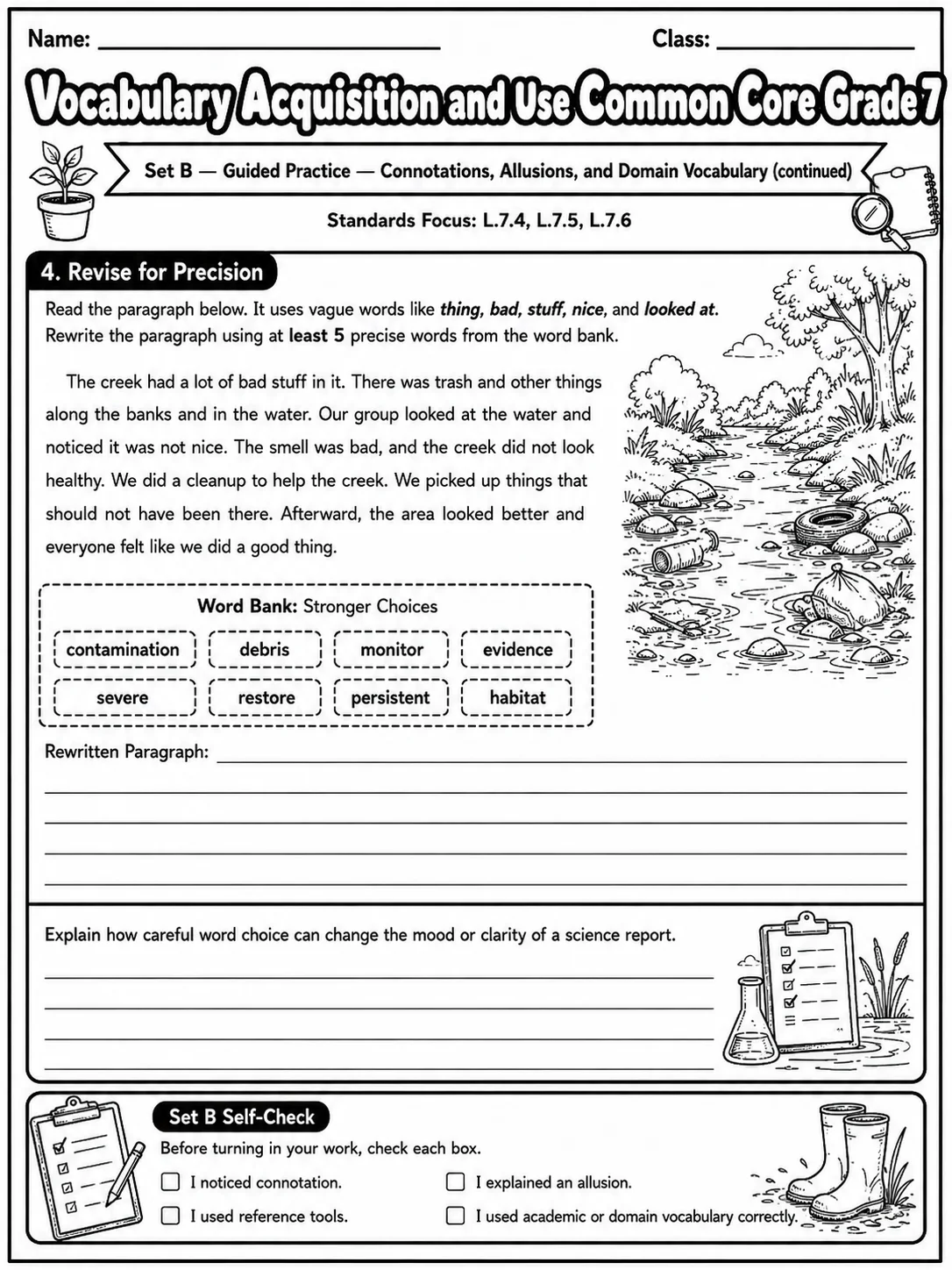 Vocabulary Acquisition and Use Common Core Grade 7 page 2 printable Common Core ELA worksheet preview