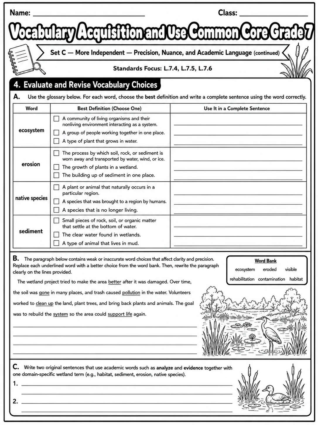 Vocabulary Acquisition and Use Common Core Grade 7 page 5 printable Common Core ELA worksheet preview