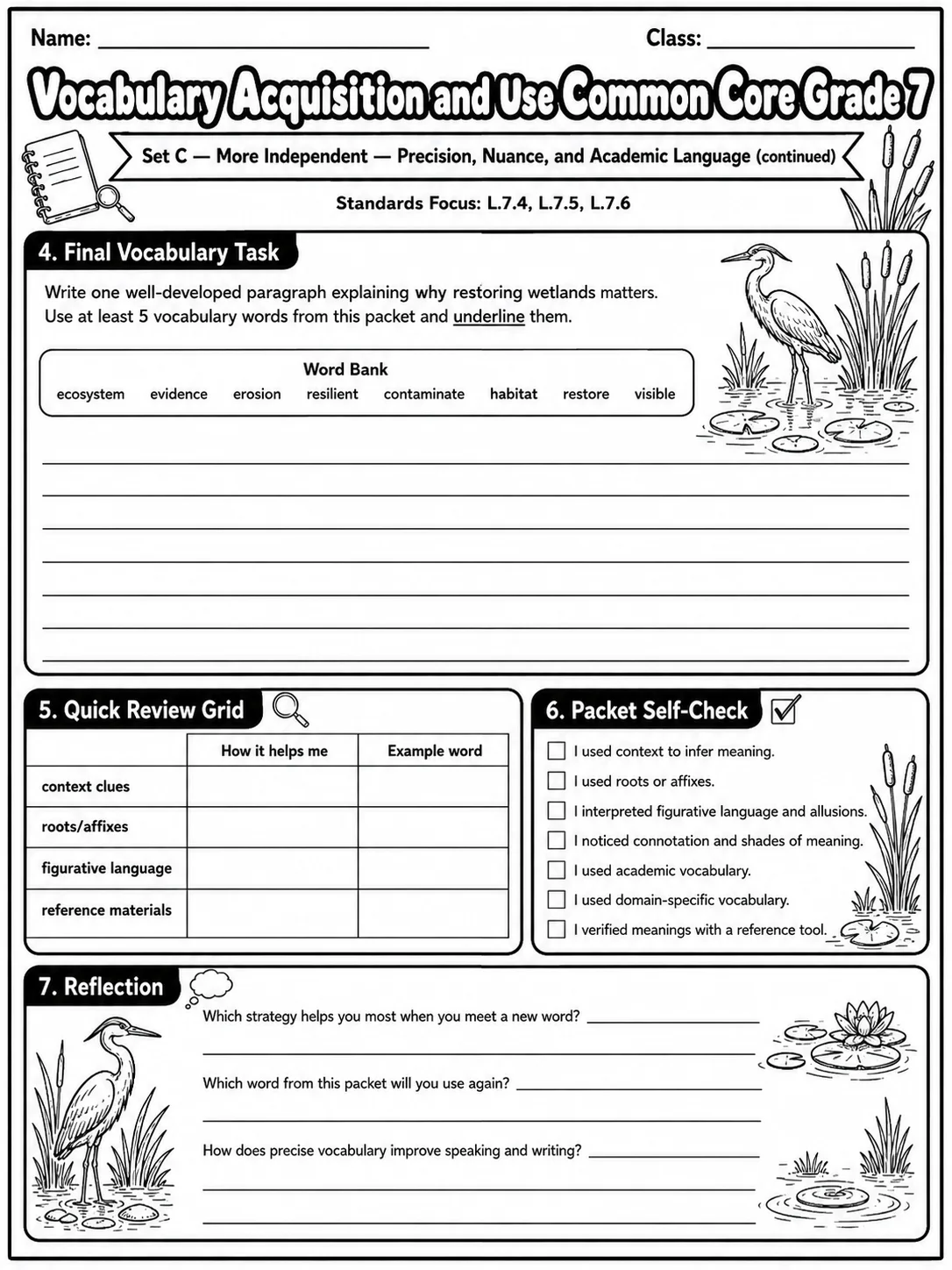 Vocabulary Acquisition and Use Common Core Grade 7 page 6 printable Common Core ELA worksheet preview