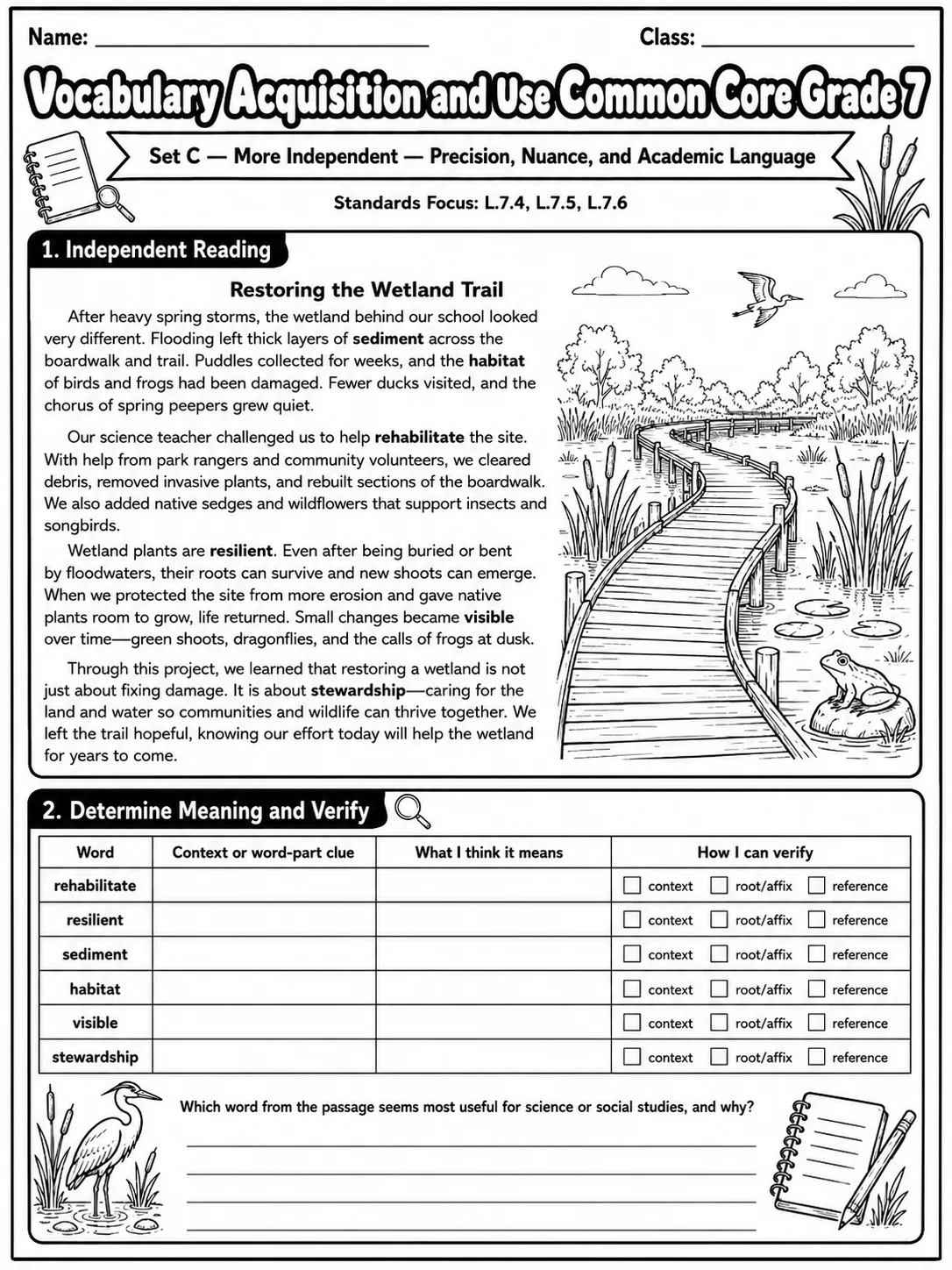 Vocabulary Acquisition and Use Common Core Grade 7 page 7 printable Common Core ELA worksheet preview