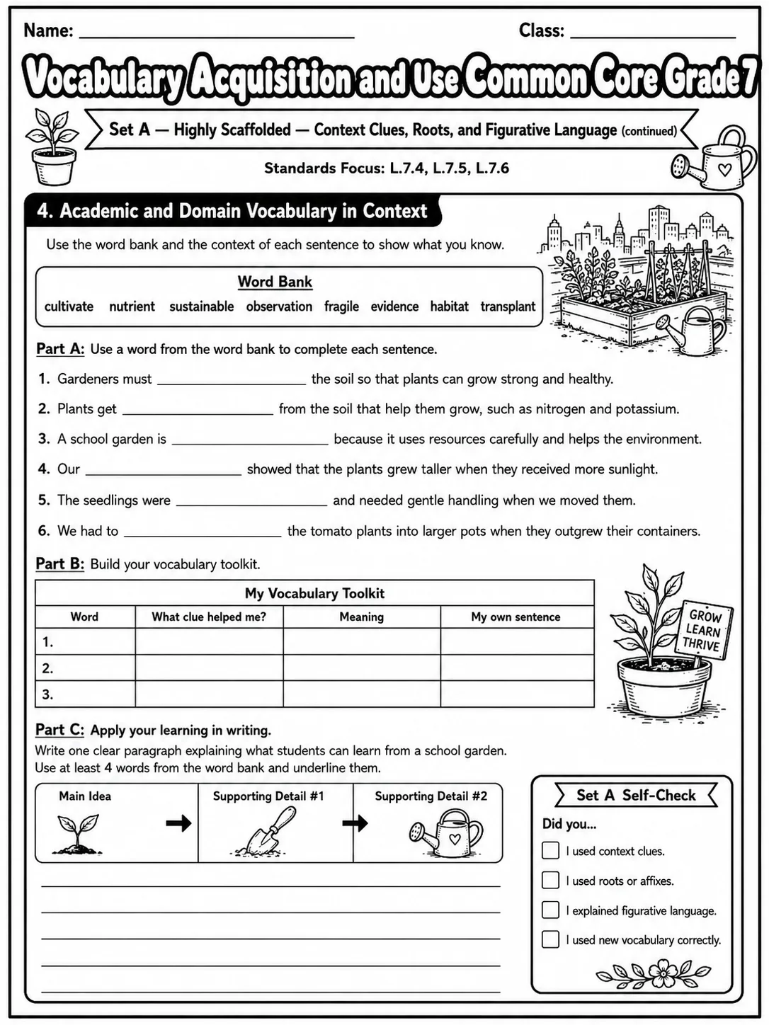 Vocabulary Acquisition and Use Common Core Grade 7 page 8 printable Common Core ELA worksheet preview