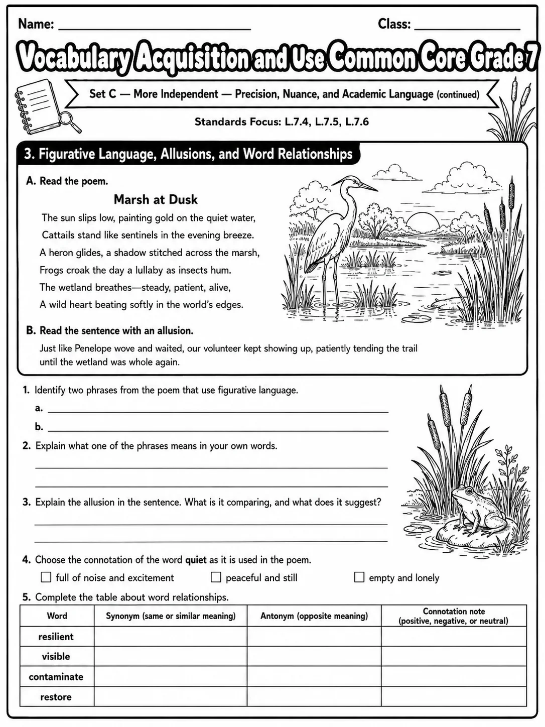 Vocabulary Acquisition and Use Common Core Grade 7 page 10 printable Common Core ELA worksheet preview