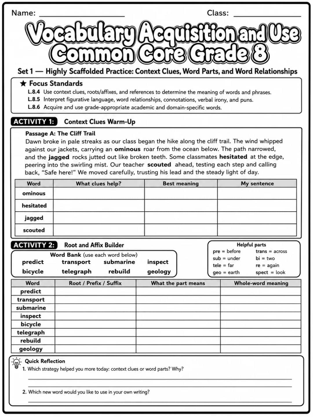 Vocabulary Acquisition and Use Common Core Grade 8 printable Common Core ELA Grade 8 worksheet preview from KiwiBee
